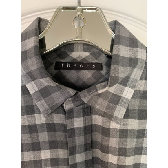 Theory Black & Grey Checkered Cotton Shirt Size S - Picture 3 of 6